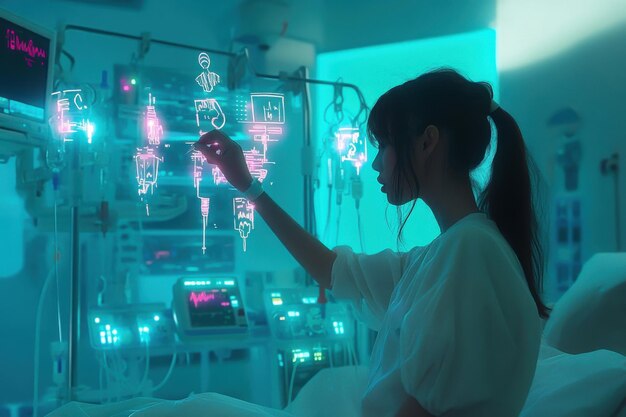 Pintura digital de un paciente ajustando un goteo intravenoso mientras está rodeado de íconos brillantes que representan signos vitales en un ambiente azul fresco