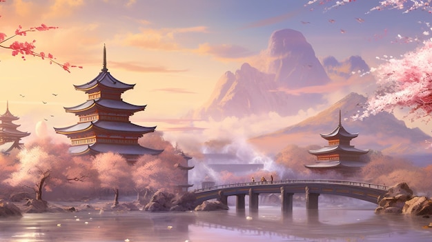 una pintura digital de una pagoda con un puente y un puente en el fondo.