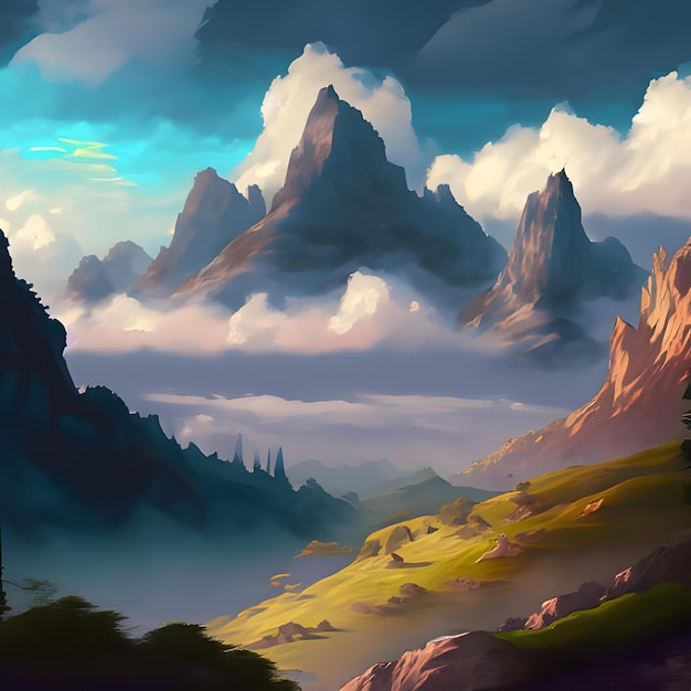 Una pintura digital de un paisaje de fantasía con montañas y nubes 2