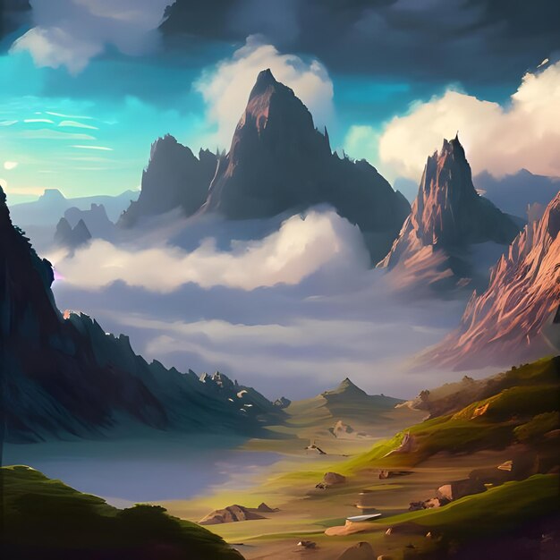 Una pintura digital de un paisaje de fantasía con montañas y nubes 6