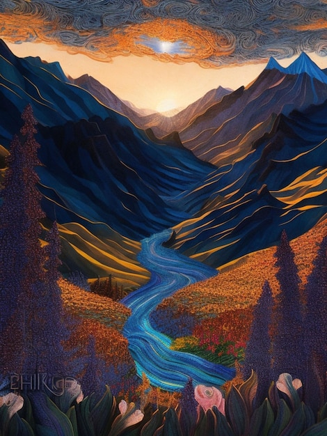 Pintura digital de un paisaje de fantasía con un río y montañas de fondo