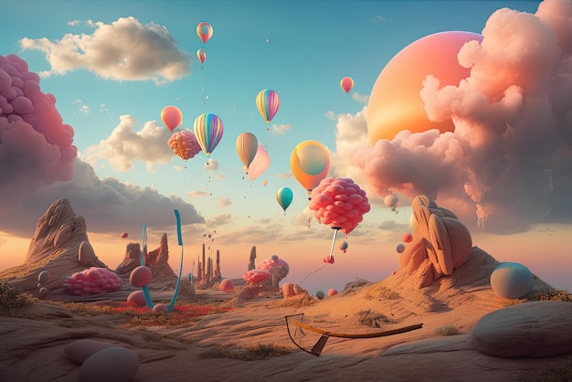 Una pintura digital de un paisaje con globos y un planeta de fondo.