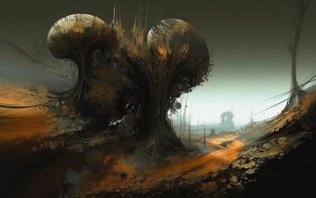 Una pintura digital de un paisaje con un gran hongo en el suelo.