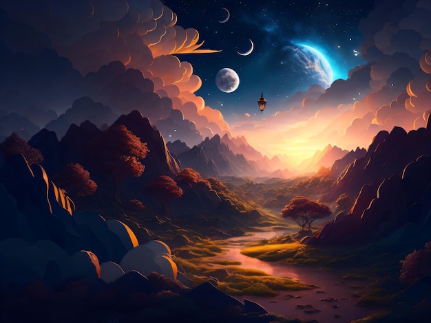 Una pintura digital de un paisaje con montañas y un planeta y la luna.