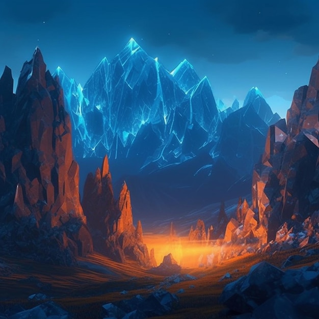 Una pintura digital de un paisaje montañoso con una luz naranja brillante.
