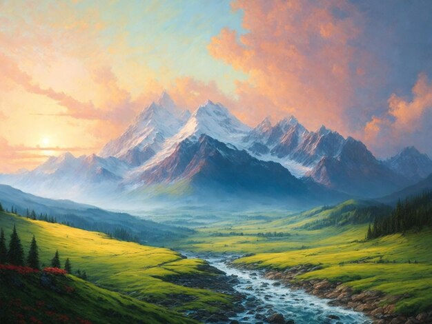 Pintura digital de un paisaje montañoso con un río y un glaciar IA generativa