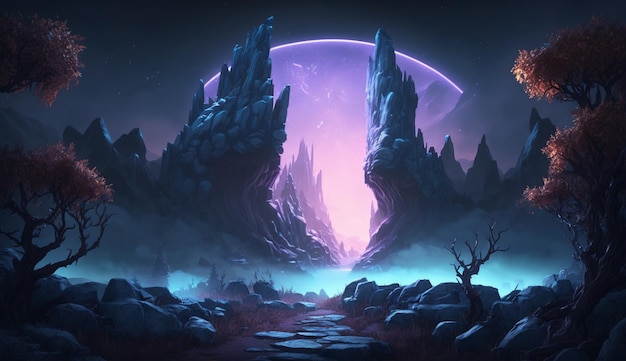 Una pintura digital de un paisaje con un planeta morado de fondo.