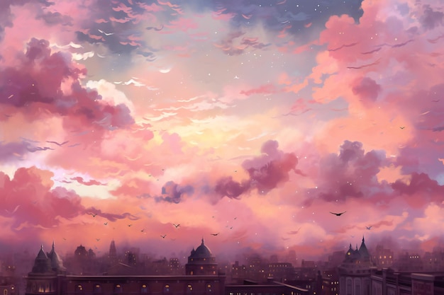 Pintura digital de un paisaje urbano al atardecer con pájaros volando en el cielo