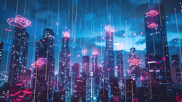 Una pintura digital de un paisaje urbano por la noche La ciudad está llena de rascacielos y luces de neón Hay corazones y rosas flotando en el cielo
