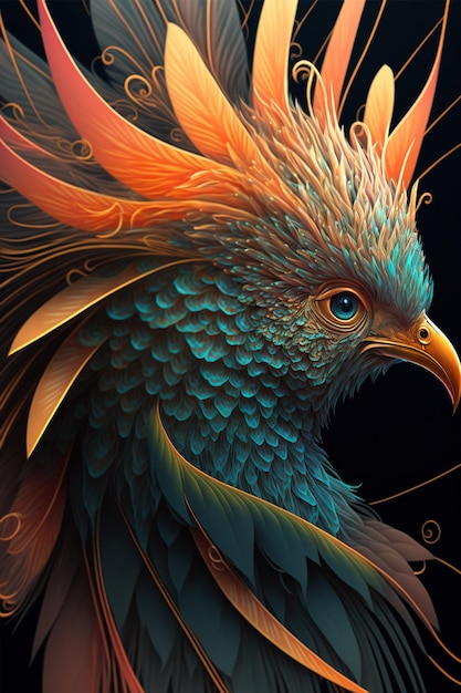 Pintura digital de un pájaro colorido sobre un fondo negro generativo ai