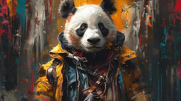 Una pintura digital de un panda con una chaqueta amarilla El panda tiene una expresión seria en su cara