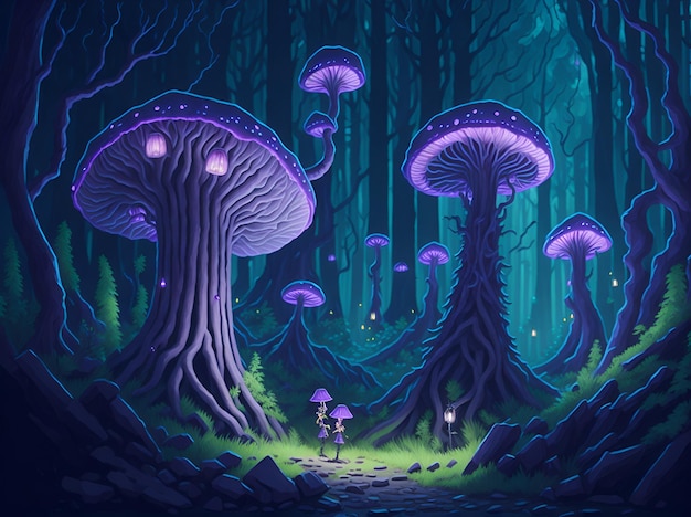 Una pintura digital de una pareja caminando en un bosque con hongos gigantes.