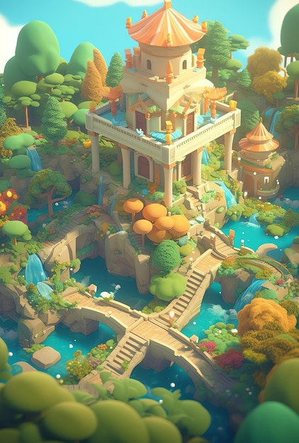 Una pintura digital de un pequeño pueblo con un puente y un puente.