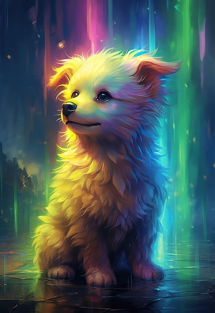 Una pintura digital de un perro con los colores del arcoíris.