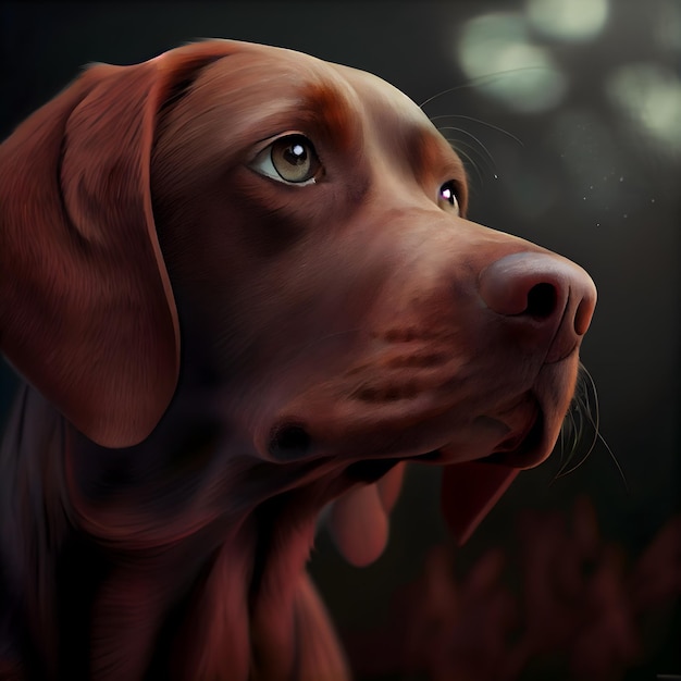 Pintura digital de un perro frente a un fondo oscuro con efecto bokeh