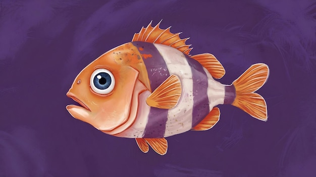 Una pintura digital de un pez con un ojo grande y un fondo púrpura