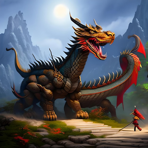 Pintura digital pintura de fantasía de un templo chino y un dragón gigante ilustración digital