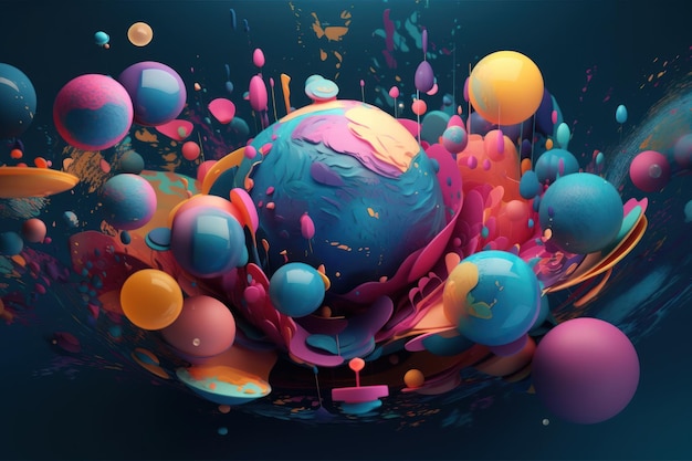 Una pintura digital de un planeta con bolas de colores.