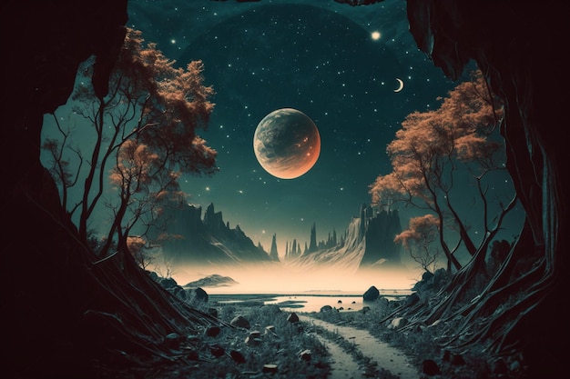 Una pintura digital de un planeta y una luna.