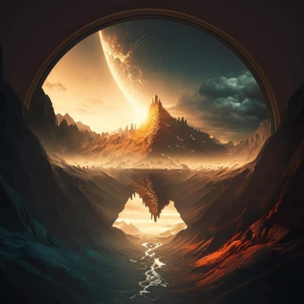 Una pintura digital de un planeta con una montaña en el medio.