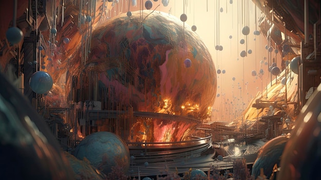Una pintura digital de un planeta con muchas burbujas de colores y las palabras 'el mundo es tuyo'