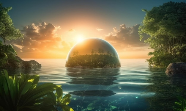 Una pintura digital de un planeta en el océano con una puesta de sol de fondo.