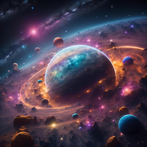 una pintura digital de un planeta con planetas y estrellas.