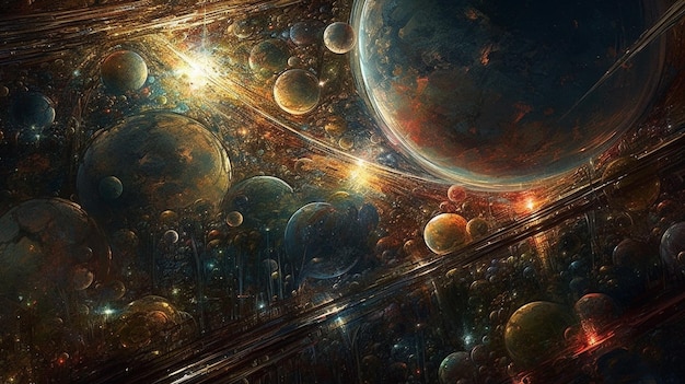 Una pintura digital de planetas y estrellas.