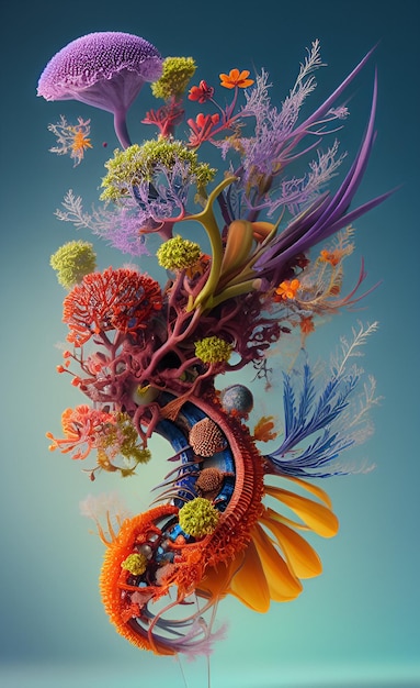 Una pintura digital de una planta con forma de flor y la palabra 'o'