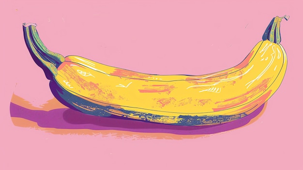 Una pintura digital de un plátano El plátano es amarillo y tiene un tallo verde Está sentado sobre un fondo rosa