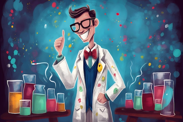 Pintura digital de un profesor con bata de laboratorio rodeado de productos químicos y equipos IA generativa