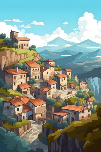 Pintura digital de un pueblo con una montaña al fondo