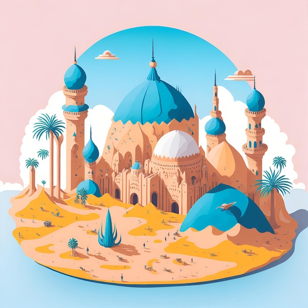 Pintura digital de pueblos y ciudades árabes para la ilustración de fondo del día de celebración musulmana