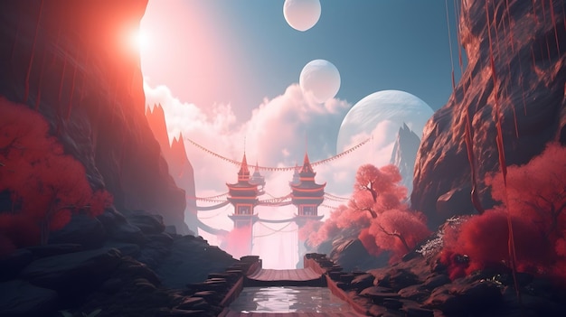 Una pintura digital de un puente en un paisaje de fantasía.