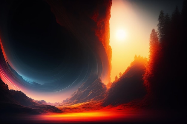 Una pintura digital de una puesta de sol con una montaña al fondo.