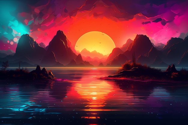 Una pintura digital de una puesta de sol con una montaña al fondo.