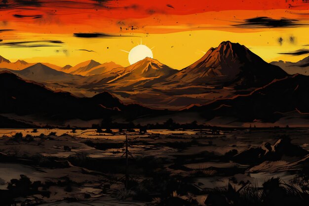 Pintura digital de una puesta de sol sobre el lago con una montaña en el fondo