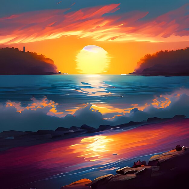 Una pintura digital de una puesta de sol sobre el océano 3
