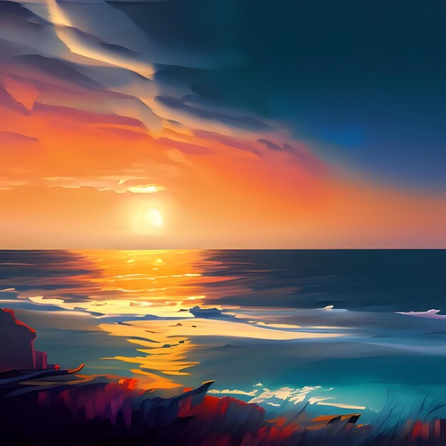 Una pintura digital de una puesta de sol sobre el océano 7