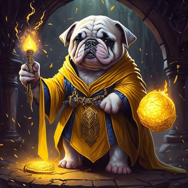 Una pintura digital de un pug sosteniendo una antorcha.