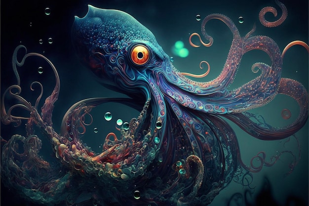 Pintura digital de un pulpo en el océano.