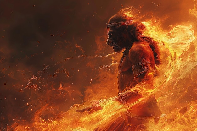 Una pintura digital que captura la dramática escena de Hanuman prendiendo fuego a Lanka con su cola
