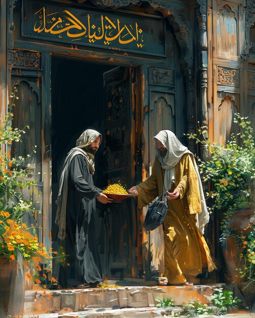 Foto una pintura digital que captura el momento de dar y recibir el zakat alfitr