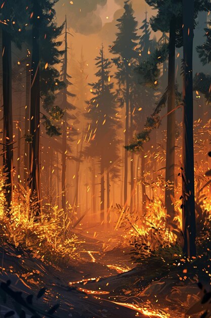 una pintura digital que captura el momento del renacimiento en un bosque afectado por un incendio