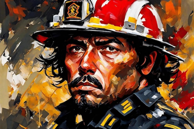 Pintura digital de un retrato de un bombero con un casco