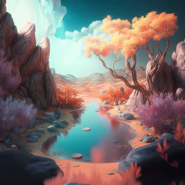 Una pintura digital de un río con árboles y montañas al fondo.