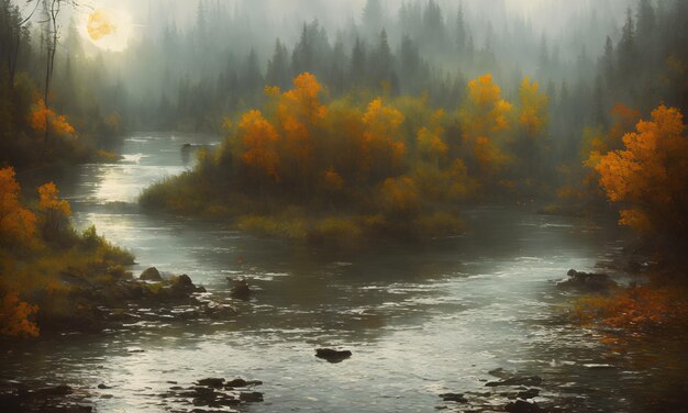 Una pintura digital de un río con árboles en primer plano y un bosque en el fondo ai generat