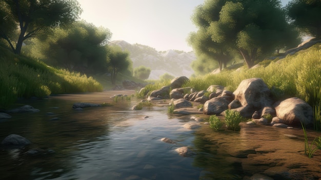 Una pintura digital de un río con árboles y rocas en primer plano.