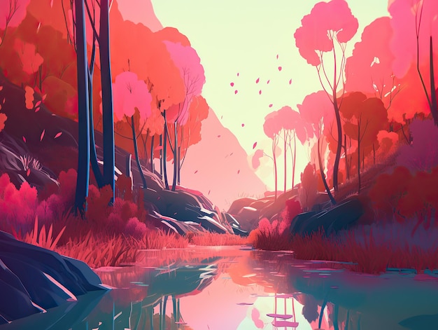 Una pintura digital de un río con un bosque al fondo.