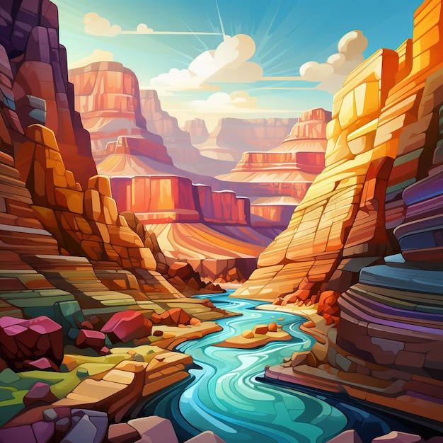 una pintura digital de un río y montañas con una puesta de sol en el fondo